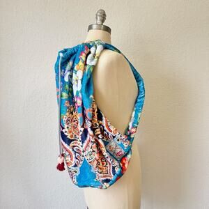 JOHNNY WAS Heron Blanket Sling Bag Blue Floral Velvet Fleece Drawstring Shoulder